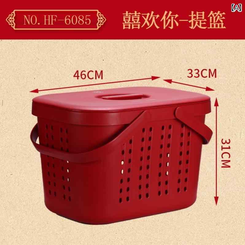 バスケット 二重層 蓋 付き 厚手 プラスチック ショッピング 豪華 閩 南 祭り 結婚式 .レッドカラフルカラーオシャレ