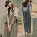 マタニティ スーツ スタイリッシュ トップス 半袖 Tシャツ サスペンダー スカート ツーピー 韓国 スリミング ドレス かわいい カジュアル