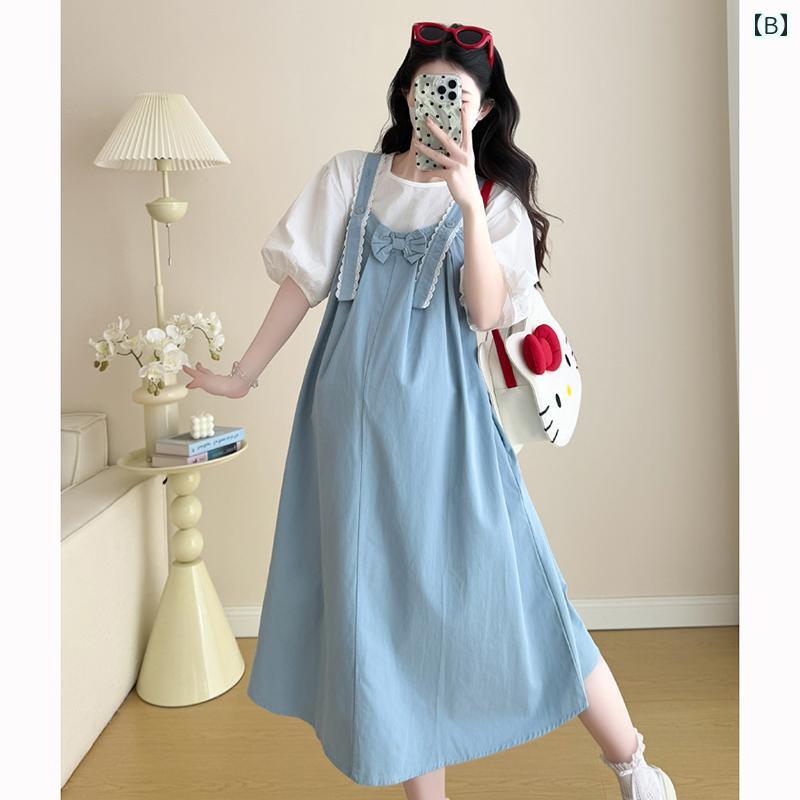 マタニティドレス 夏 フレンチスタイル 妊婦 服 2025年 ゆったり コットン オーバーオール スカート 半袖 スーツ