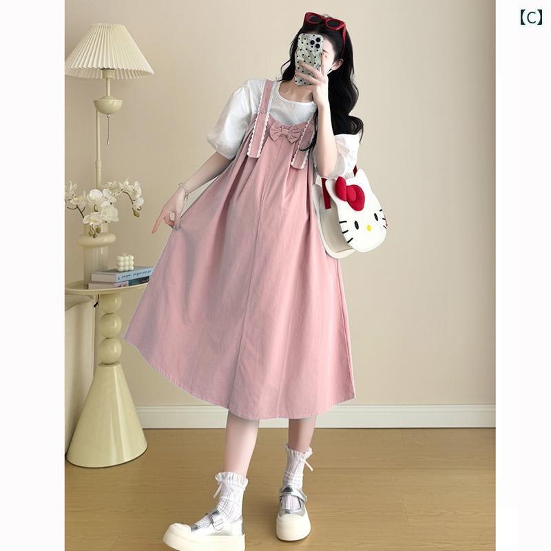 マタニティドレス 夏 フレンチスタイル 妊婦 服 2025年 ゆったり コットン オーバーオール スカート 半袖 スーツ