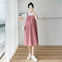 妊婦用 夏 ドレス 2025 ゆったり おしゃれ フェイクツーピース 重ね着風 サスペンダー スカート 大きいサイズ 体型カバー マタニティドレス