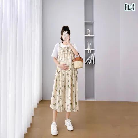 大きいサイズ マタニティ サスペンダー 花柄 ワンピース 夏 半袖 ゆったり 膝上丈 ...