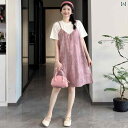 大きいサイズ マタニティ スカート 夏 半袖 ドレス フェイクツーピース 重ね着風 プライシング サスペンダー かわいい カジュアル