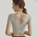 ヨガ ウェア 新 スタイル 胸パッド 付き 半袖 スポーツ フィットネス ピラティス トレーニングウェア レディース トップス 背中開き スリミング
