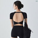 女性用 胸パッド 付き 背中開き ヨガ ウェア 半袖 速乾性 スリムフィットの ランニング& フィットネスウェア 春夏 ピラティス ポーツ トップス