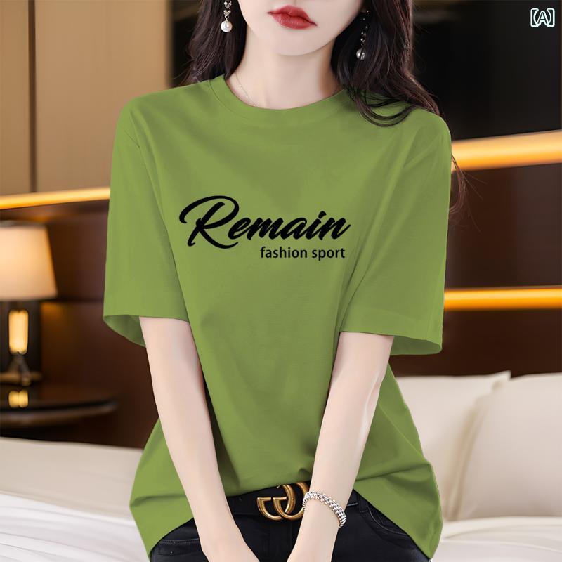 Plain - コットン 韓国 半袖 Tシャツ レディース 2025年 夏 ゆったり スリム スタイル トップス コットン素材の夏用ショートスリーブTシャツ