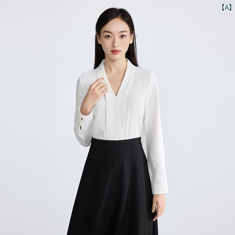 シャツ レディース 長袖 春秋 大学生 面接 スーツ インナーウェア ベース フォーマル シフォン ホワイト アーティスト装う仕事用ブラウス