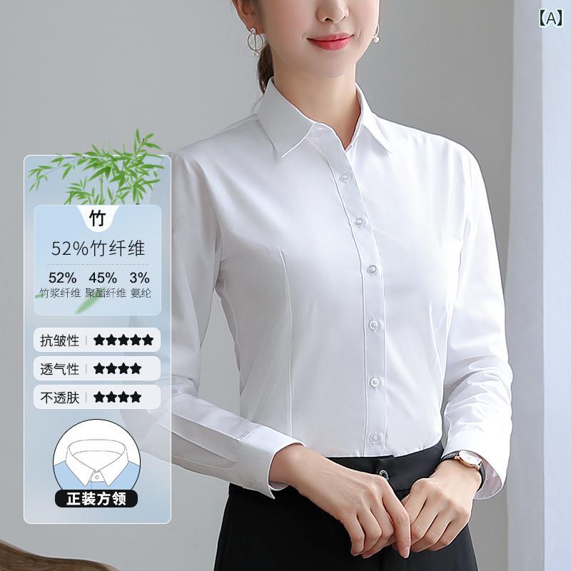 Long-Sleeved - 長袖 竹 繊維 シャツ フリー アイロン しわ 防止 レディース 無地 スリムフィット ワークウェア 半袖 通勤 インナーウェア コットンシャツ
