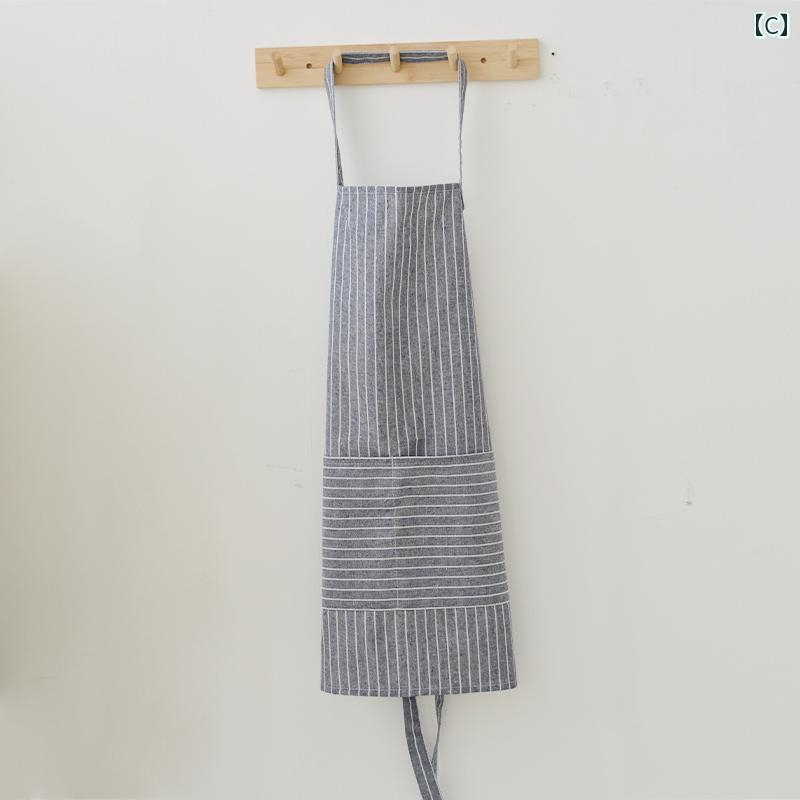 和風 エプロン 家庭用 キッチン 綿 麻 調理用 作業着 レディース オーバーオール 夏 薄手 ストライプ サスペンダー カジュアル