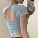 ウェア 胸パッド 付き ピラティス スポーツ 背中開き 半袖 Tシャツ ランニング トレーニング フィットネスウェア レディース 夏