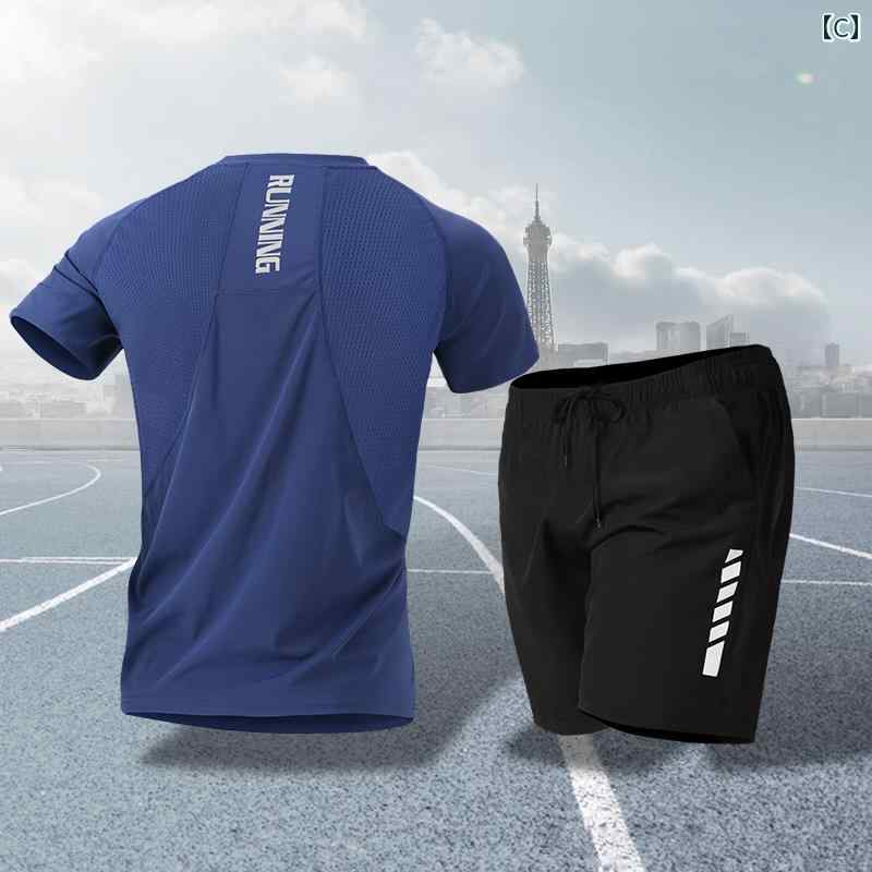 ランニング スポーツ スーツ メンズ 夏 フィットネ トレーニング 速乾性 服 半袖 携帯電話 収納 可能 朝の バドミントン