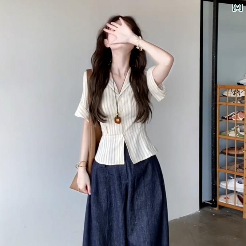 2025年 夏用 レディース Vネック ストライプ 半袖 シャツ フレンチ ウエスト ショート カジュアル オフィス