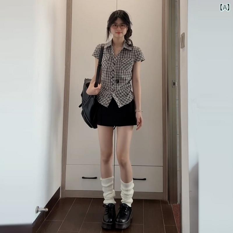 2025年 夏 女性用 レトロ チェック 柄 半袖 シャツ トップス 新 スタイル ニッチ スリムフィット ショート カジュアル
