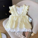 夏 薄手 女性用 ブルー チェック 柄 フェイクツーピース 重ね着風 シャツ フリル フライング スリーブ ベビー ドール 美しくて 可愛い レースアップ トップ