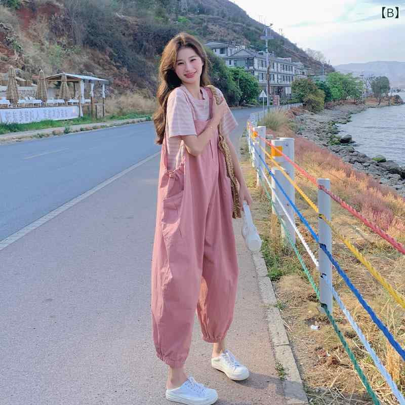 ピンク 甘辛 年齢 感じさせにくい オーバーオール 夏 韓国 カレッジ ジャンプスー...