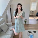 女性用 小さめ ベビー カラー ブルー ドレス 2025年 夏 韓国 若返り 効果 スタイリッシュ 美しい チェック 柄 スカート