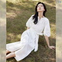 シャツ ドレス 女性 2025 夏 初恋 優しい ウエスト ロング スカート カジュアル かわいい おしゃれ パフスリーブ