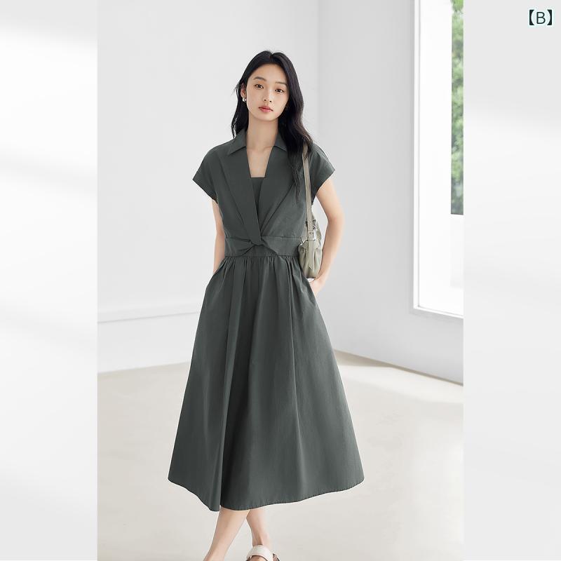 フレンチ ツイスト ドレス 女性用 2025年 夏 ウエスト 細く 通勤 Aライン シャツ カジュアル かわいい おしゃれ