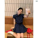 ネイビーブルー パフスリーブシャツ ワンピース レディース 夏 ウエスト 痩せ Aライン スカート カジュアル かわいい おしゃれ