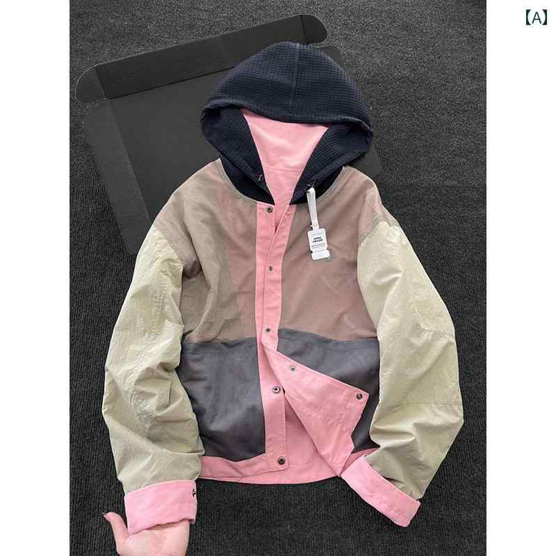 コントラストカラー フード 付き 長袖 パッチワーク ジャケット 春 アウトドア レジャー スポーツ アウ..