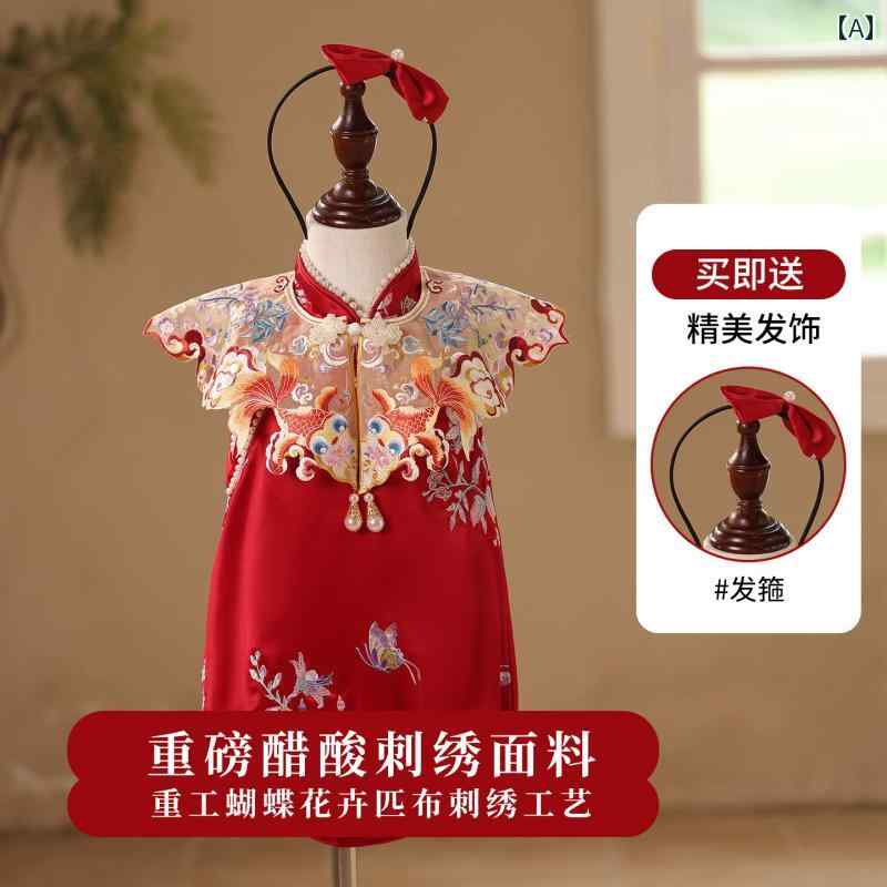 2025年1歳お祝いの服. 女の子用 ドレス（ 夏用 厚手の ） 唐 装 赤ちゃんの 初めての 誕生日 民族 風 フォーマルロンパース