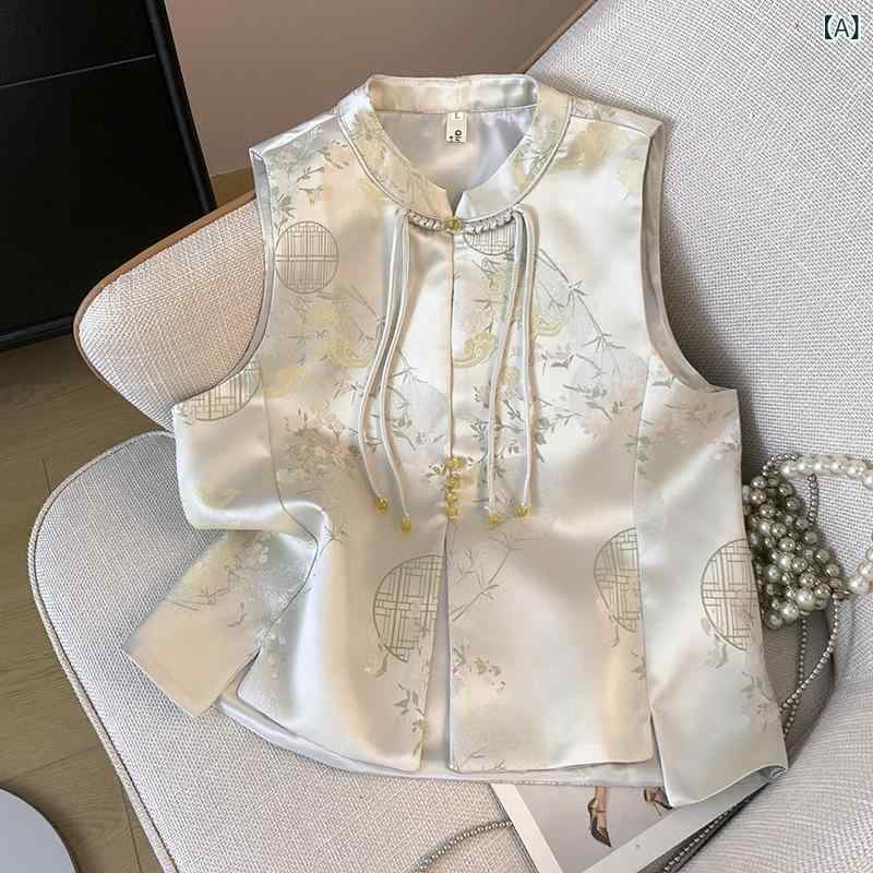 ベスト レディース 春秋 中国風 ポリエステル レトロ マージャン 牌 チャイナボタン ショート丈 杏色 ..