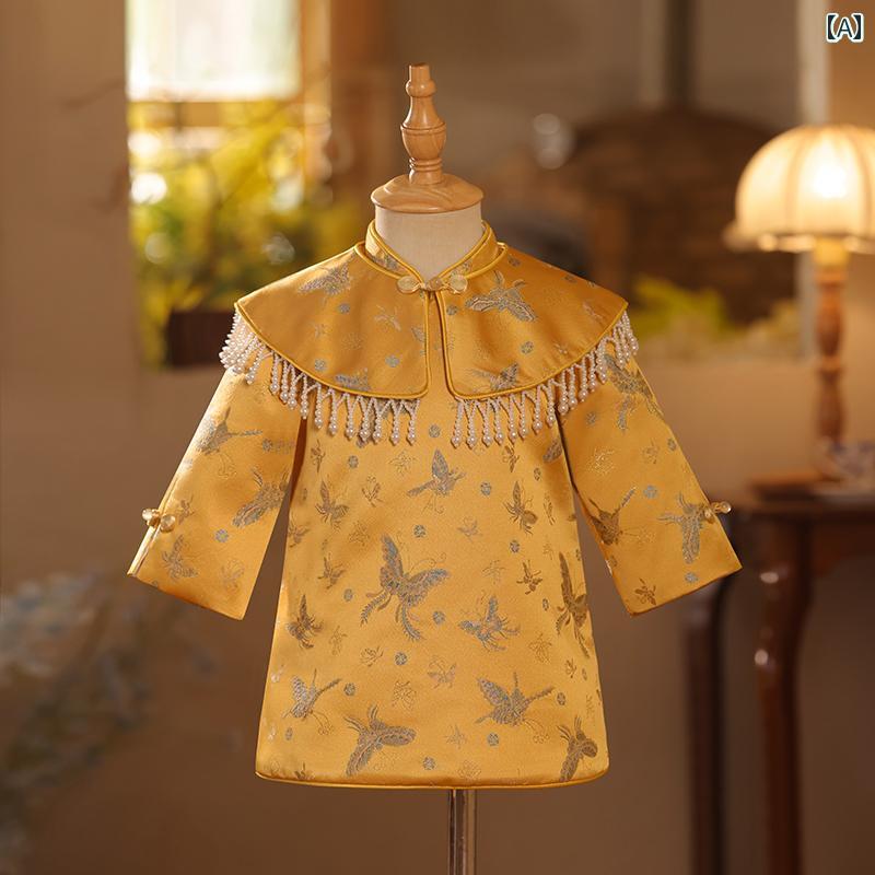 2025年の春チャイナ風 1歳の 女の子用 赤ちゃん. 誕生日のお祝いフォーマル長袖ベビードレス.ゴールド..
