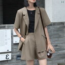 豪華 スーツ ショートパンツ レディース 夏 薄手 半袖 ジャケット カジュアル 通勤 ウェア 2点 セット おしゃれ