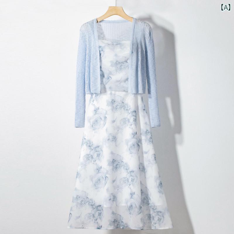 妖精 森 シフォン ドレス セット カーディガン ショール 水墨画 ウエスト レス ネクタイ サスペンダー 2点 エレガント