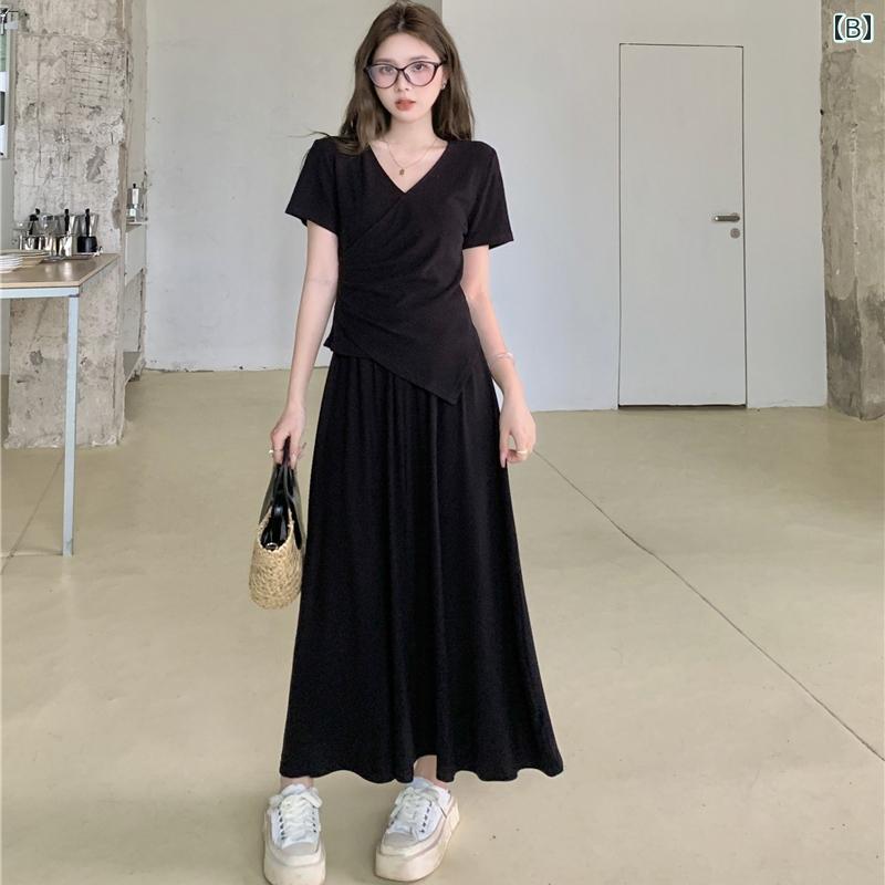 大きいサイズレディース レトロ 不規則 トップ スーツ 夏 ハイウエスト スリミングと 年齢 減らす スカート カレッジ ツーピース