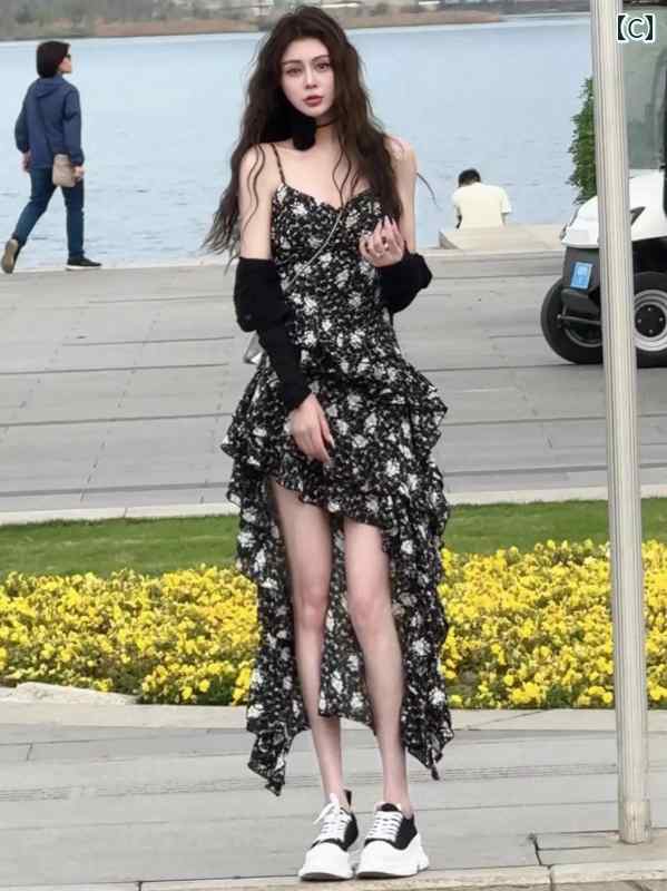 フレンチ フリル スリング フローラル ドレス ニットカーディガン スーツ 春夏 セクシー 不規則 ロング スカート カジュアル
