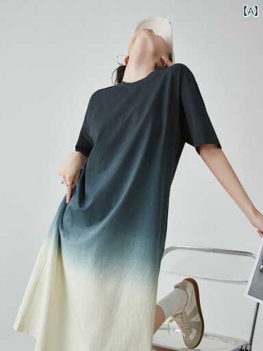 グラデーション 半袖 Tシャツ ドレス 女性 2025年 夏 ゆったり 韓国 月光 カジュアル ポリエステル ミディアムスカート グラデーション 半袖 Tシャツ ドレス 女性 2025年 夏 ゆったり 韓国 月光 カジュアル ポリエステル ミディアムスカート