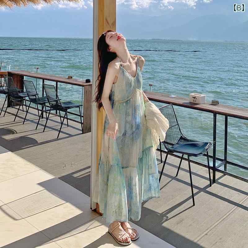 フレンチ 美しい グラデーション ドレス スーツ 女性 2025年 夏 スタイル ビーチの 休日 サスペンダー ロング スカート カジュアル