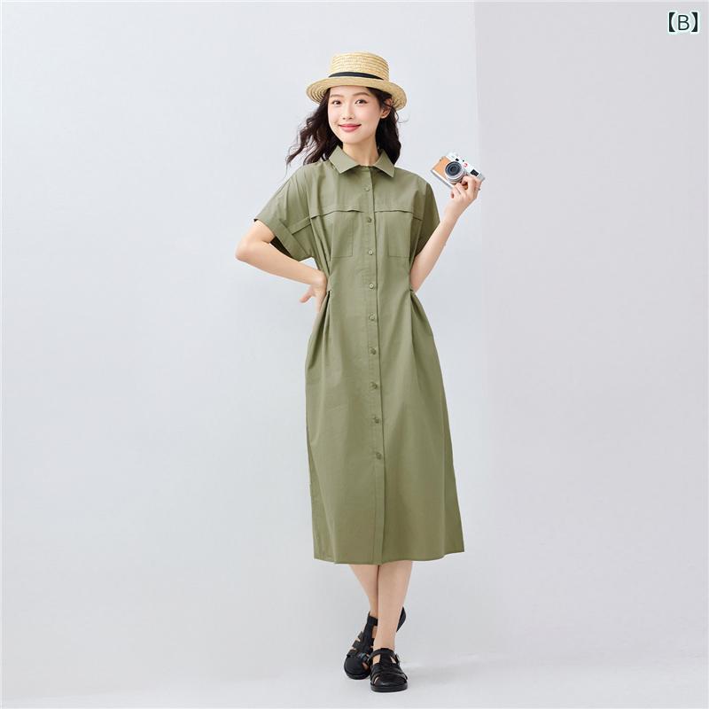 ワークシャツ ドレス レディース 夏 コットンポプリン ポケット タイ ラペル カジュアル バットウィングスリーブ