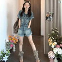 女性用 デニム ジャンプスーツ ショートパンツ 2025年 小さめ レトロ ポロ襟 クールで ホット 姉妹 衣装 .かわいいシンプルスタイル