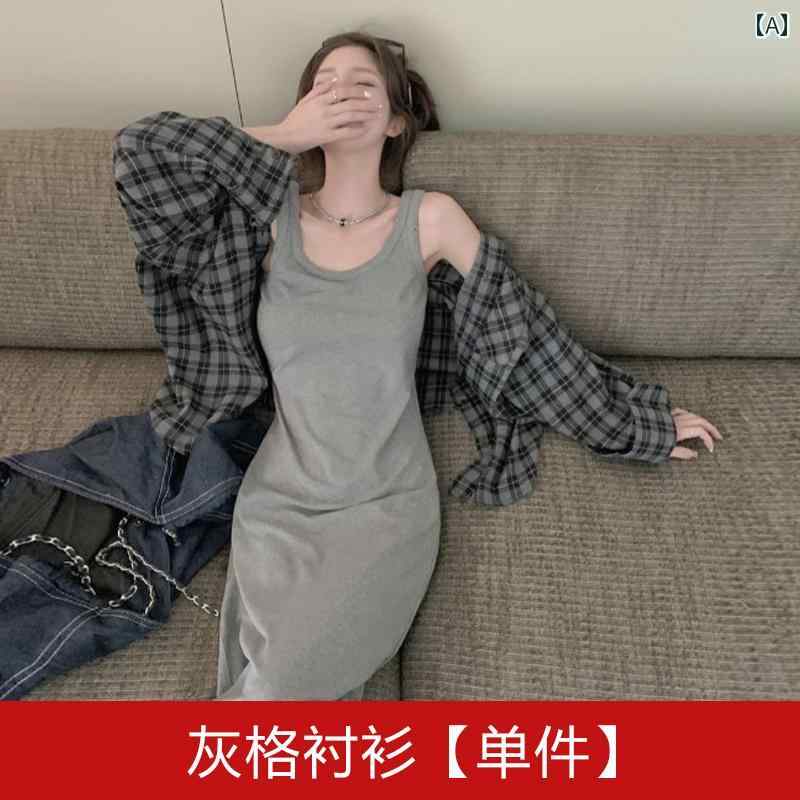 2025 春夏 レディース フレンチ グレー ベスト ドレス 細い ウエスト スリミングの ホットガール ロング スカート.かわいい