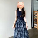 韓国 レトロ ノースリーブベスト ドレス 女性用 2025年 夏 新 スプライシング チェック 柄 ケーキ チュチュ スカート
