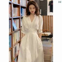 韓国 シック 夏 フレンチ 大人 スタイル Vネック ハイウエスト スリム シャツ ドレス レディース.カラフルカラー.オシャレ