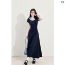 キキョウ カレッジ 韓国 フェイクツーピース 重ね着風 半袖 ドレス 女性 夏 ウエスト スリム ロング スカート.シンプルスタイル