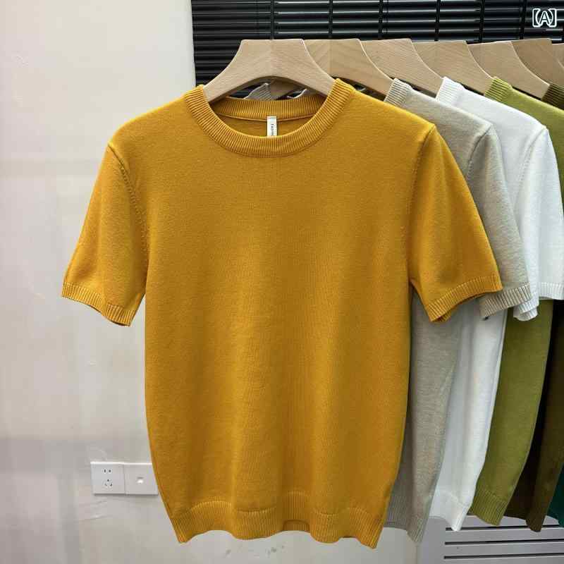 メンズ 無地 スリム セーター ラウンドネック カップル カジュアル ボトムス シャツ 半袖 ニット おし..