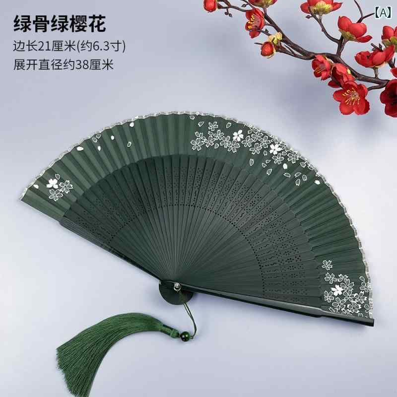 ファン 夏 ポータブル アンティークグリーン 扇子 女性 レトロ的な 風の 韓服 チャイナ 折りたたみ 小..
