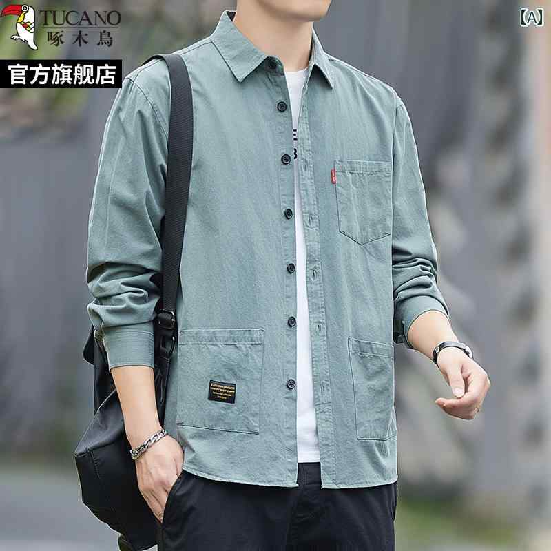 綿 シャツ メンズ 長袖 2025年 春秋 カジュアル ワークウェア ジャケット コットン シンプル 無地 おしゃれ