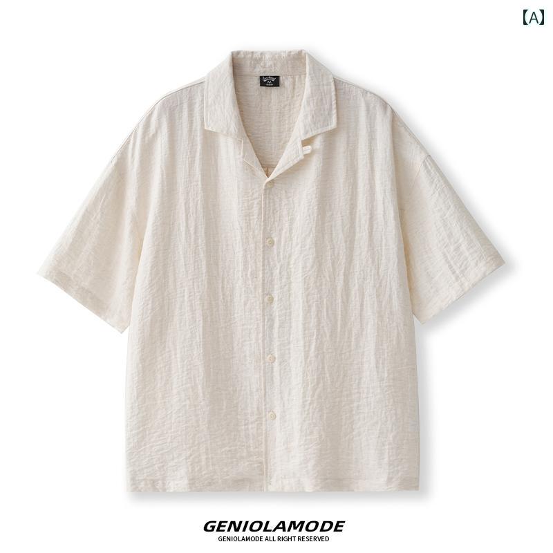 クール リネン ホワイト 半袖 シャツ メンズ 夏 ゆったり カジュアル おしゃれ シンプル コーディネート 無地