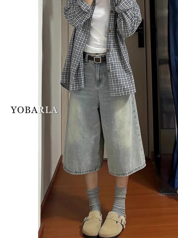 Straight Jeans - レトロ ライト カラーの ストレートデニム クロップドパンツ レディース ハイウエスト 夏 大きいサイズ ファット ミリ ルーズ スリム ワイドパンツ