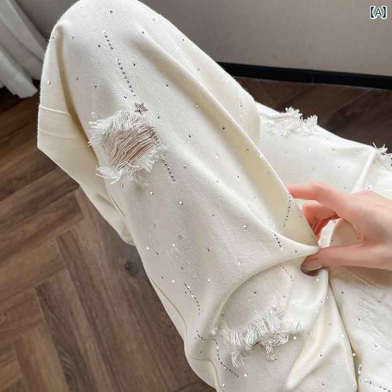 Rakuten - ホワイト 涼しい クール 快適 ワイドレッグ ジーンズ レディース 破れ パンツ 夏 ハイウエスト 脚 カバー ドレープ ホット モ ッピング