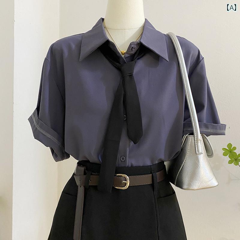 グレー パープルの シンプルの レトロ ネクタイ 付き 半袖 シャツ 女性用 2025年 夏 トップス.カラフルカラーオシャレ