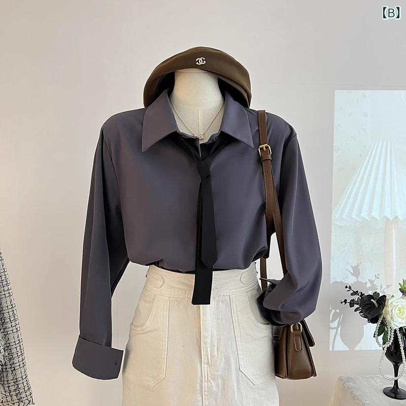 グレー パープルの シンプルの レトロ ネクタイ 付き 半袖 シャツ 女性用 2025年 夏 トップス.カラフルカラーオシャレ