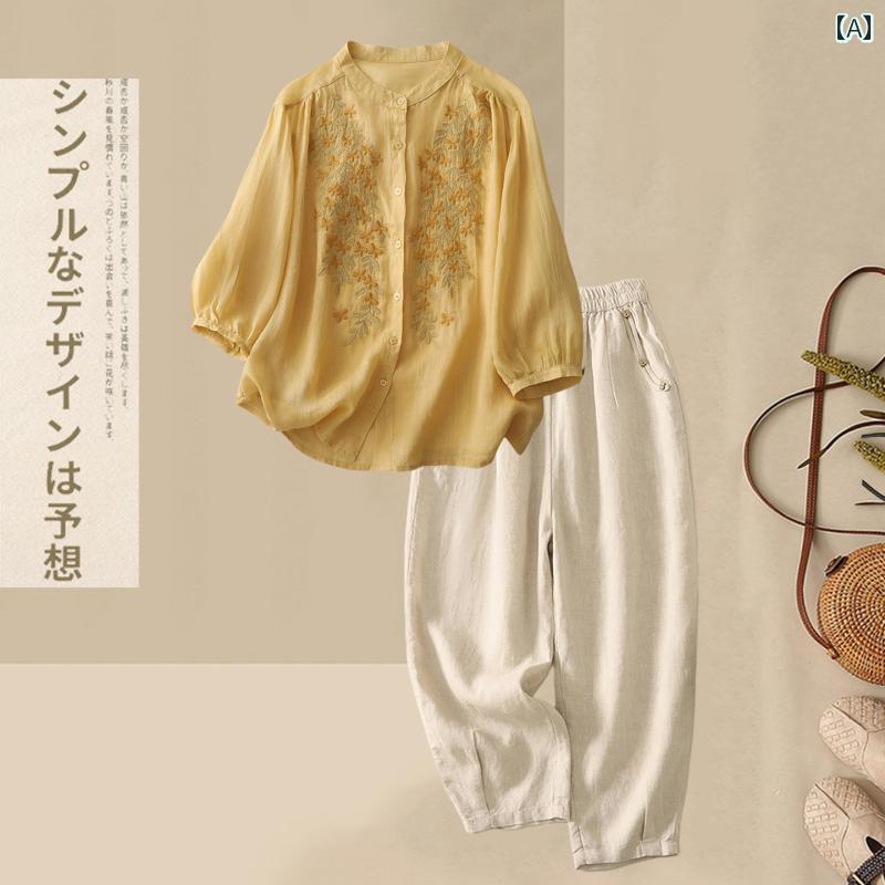 小さめ 母親の スリム 綿 リネンの ハーレム パンツ ツーピー スタイリッシュ 文学的な 刺繍 ラミー シャツ スーツの 夏 スタイル