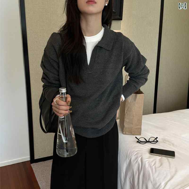 ラペル セーター 女性用 秋冬用 ゆったり インナー ボトムス シャツ ポロシャツ トップス.カラフルカラーオシャレかわいい