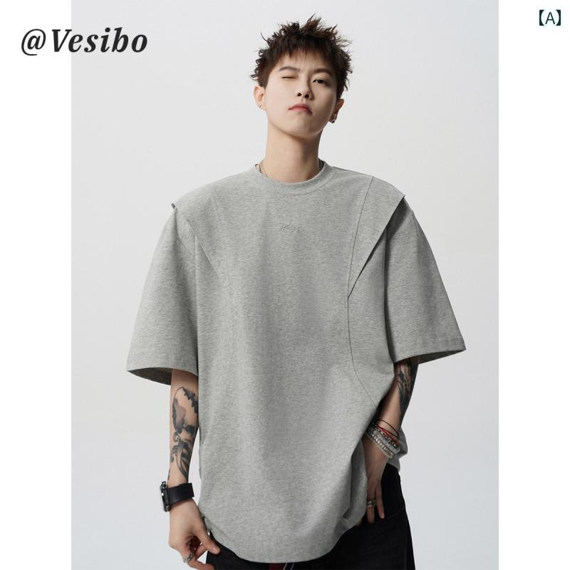 夏 メンズ用 ルーズリーフ カット 半袖 Tシャツ アメリカン ストリート コンストラクト ラウンドネック..